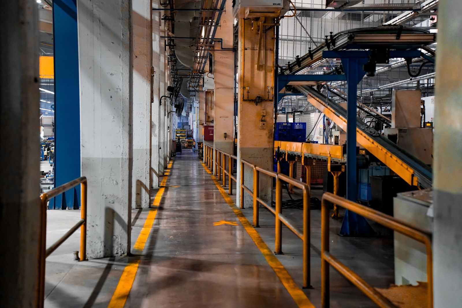 Industrial factory interior with a conveyor line